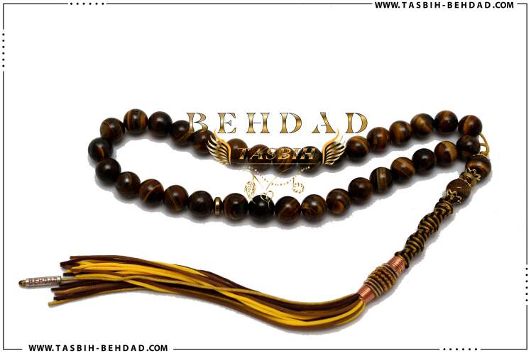 تسبیح چشم ببر طبیعی ، چشم نواز و زیبا ، مزین به نشان مهر نقره بهداد در فروشگاه و کارگاه تولید تسبیح بهداد