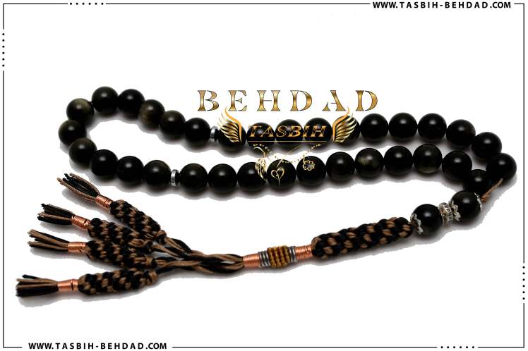 تسبیح آبسیدین مرغوب ارمنستان ، مزین به نشان نقره بهداد در فروشگاه و کارگاه تولید تسبیح بهداد