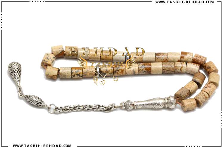 تسبیح جاسپر طبیعی، تراش استوانه ای ، ست استیل در فروشگاه و کارگاه تولید تسبیح بهداد